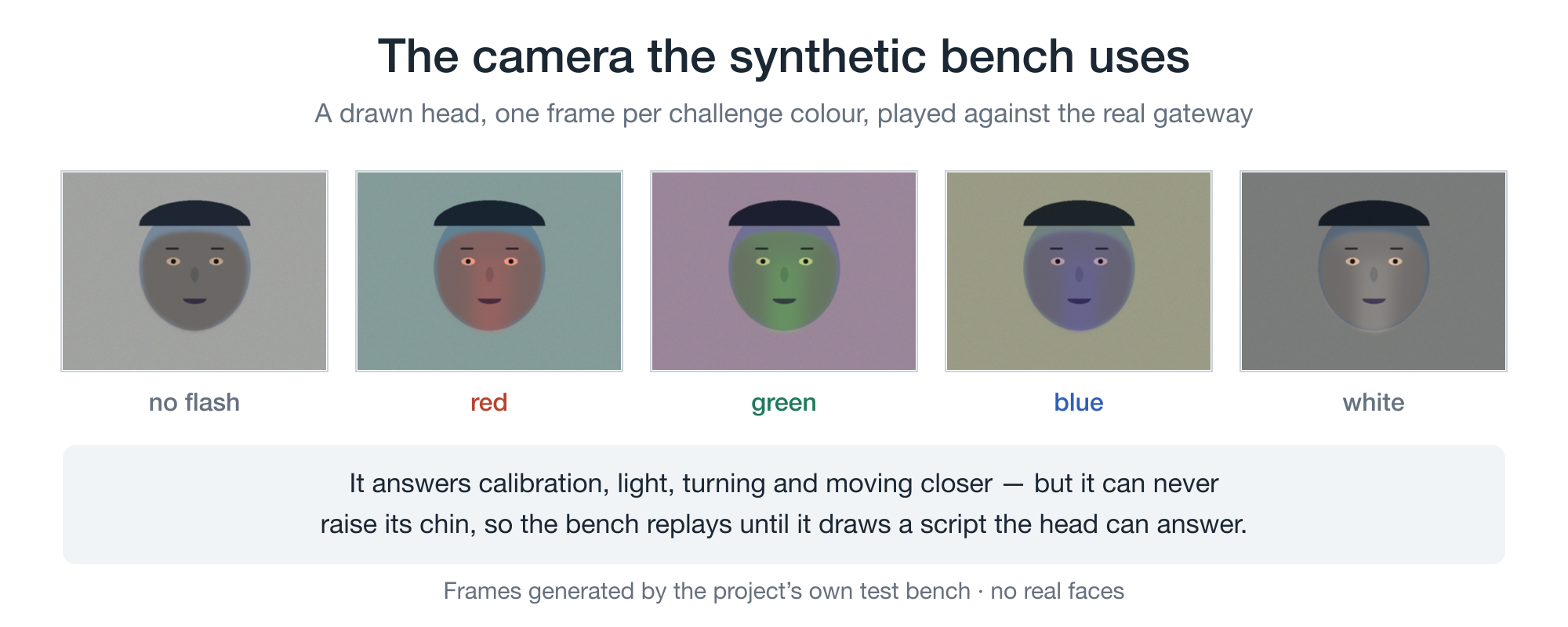 The synthetic frames the bench plays as a camera, one per challenge colour