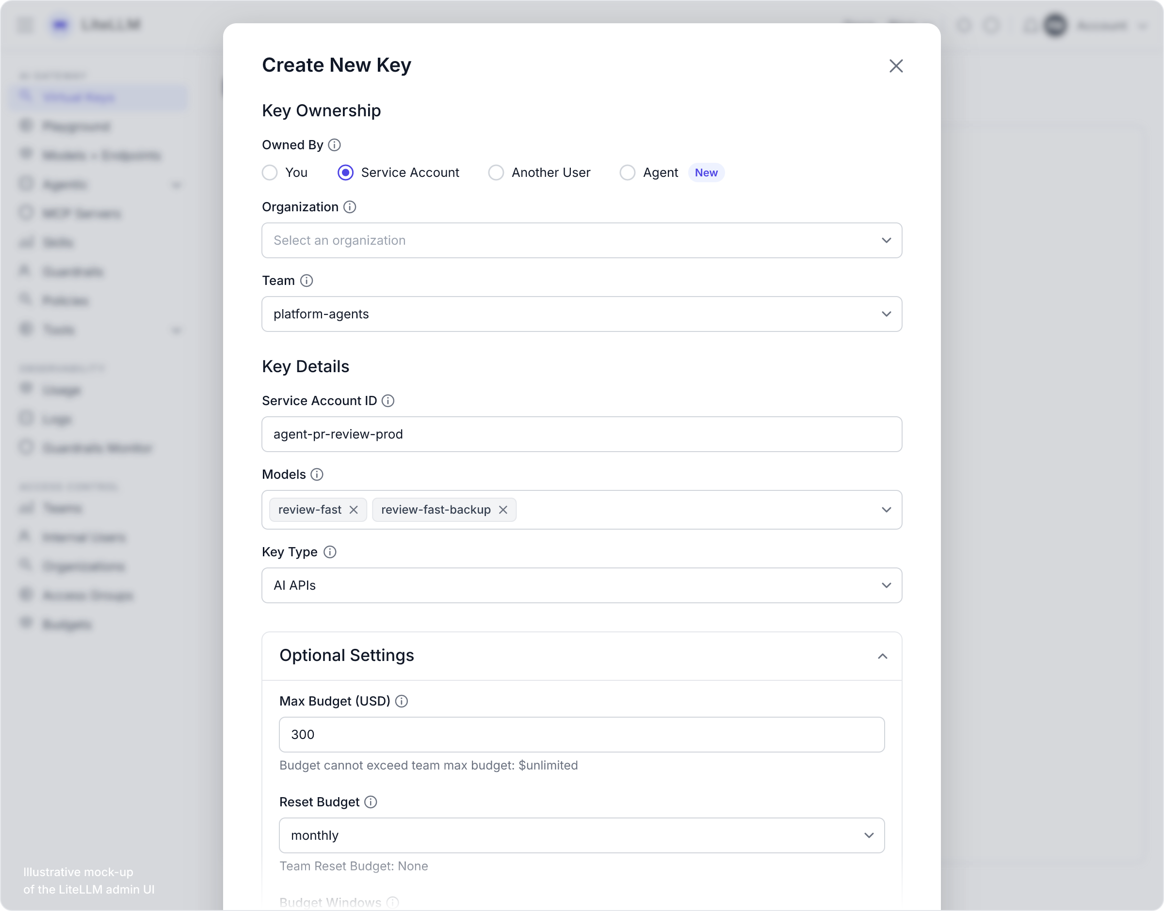 Creating the PR reviewer's key in the LiteLLM admin UI